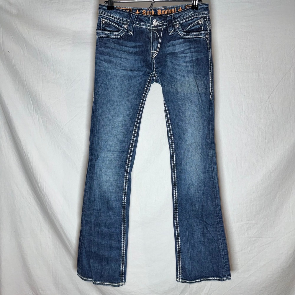 Y2K Rock Revival Johanna Bootcut Jeans Dark Wash Contrast Stitch Size 28 Cotton - Picture 2 of 9